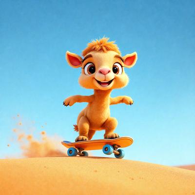 The primary subject of the image is a cartoon character, specifically a sheep, riding a skateboard. The setting is a sandy surface, which adds a unique and playful atmosphere to the scene. The visual style is a combination of digital art and illustration, creating a vibrant and lively appearance. The colors and mood of the image are predominantly warm and cheerful, with the sandy surface and the cartoon sheep's expression contributing to the overall lighthearted and fun vibe.